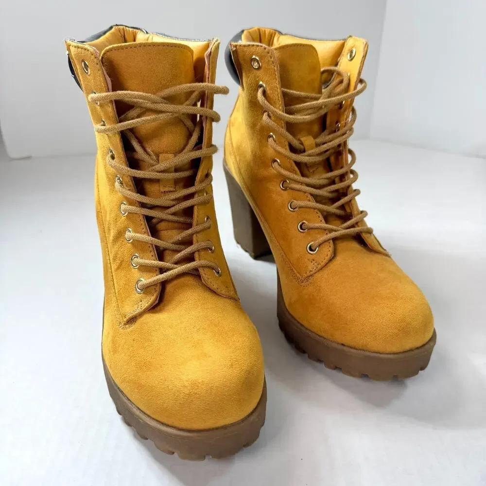 Rouge Platform Combat Boots Lace Up Lug Sole Women 8.5 Tan